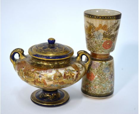 Two pieces of Satsuma, Japanese stoneware, comprising: a squat globular vase with domed cover, decorated with Daimyo and Yama