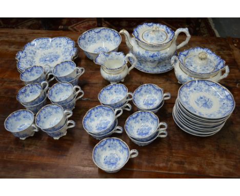 A Victorian Felspar Porcelain tea and coffee service, pattern 288, blue transfer printed with fruit, flowers and foliage, gil