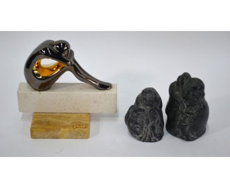 A Grupo Galos design lustred ceramic abstract seated figure, on marble base, 15 cm high to/w two Canadian carvings, Inuit mot