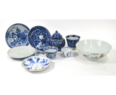 A quantity of Chinese Ceramics, comprising: a famille rose bowl, 16cm diameter; a blue and white vase and cover; three blue a