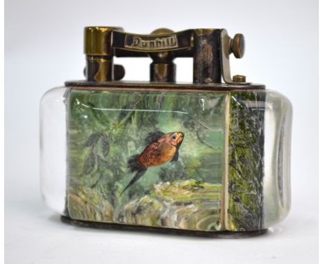 A Dunhill Aquarium table cigarette lighter, the lucite body reverse intaglio-cut and painted with exotic fish amongst weeds a