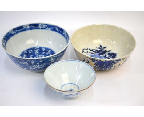 Three Chinese underglaze blue decorated bowls; two with Kangxi four-character marks, but neither of the period; the smallest 
