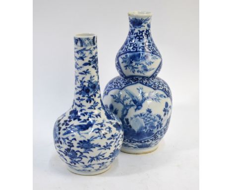 Two Chinese blue and white vases, one of gourd form decorated with Natural History; the other a bottle vase, similarly decora