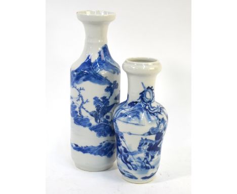 Two Chinese blue and white vases, comprising: one of cylindrical form decorated with scholars in a mountainous river landscap