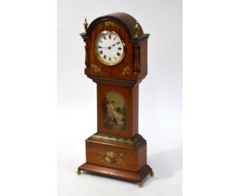 A painted satinwood miniature longcase clock with drum movement and enamel dial, the case with reserve of a classical female 