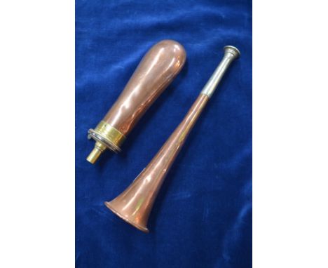 A 19th century copper and brass gunpowder flask with Sykes patent nozzle, to/w a copper and electroplated hunting horn (2)