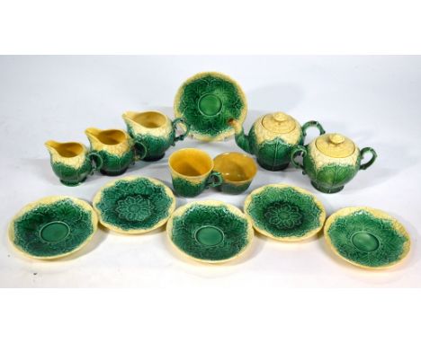 An early 20th century Wedgwood majolica part tea service in the form of cauliflowers, comprising:  teapot, sucrier and cover,