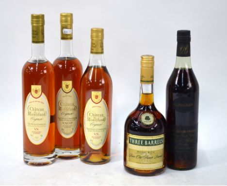 Three 70 cl bottles of Chateau de Montifaud Fine Petite Champagne Cognac to/w single bottle of Three Barrels Raynal & Cie old