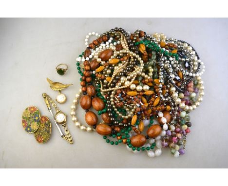 A collection of vintage jewellery comprising pair of enamelled brooches, simulated pearl necklaces, wooden bead necklace, pea