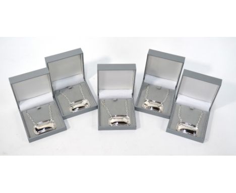 A set of five modern silver decanter labels for Scotch, Rum, Gin, Vodka and Sherry - all new and in presentation boxes, Birmi