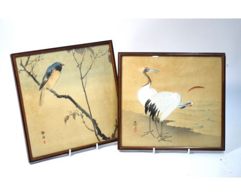 Two Japanese kacho-ga: one inscribed Choson, of two red-capped Manchurian Cranes; the other, also inscribed, depicting a bird