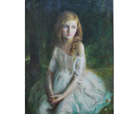 Charles A Buchel (1872-1950) - Portrait of a seated young girl in white dress, oil on canvas, 89 x 69 cm   Condition Report  