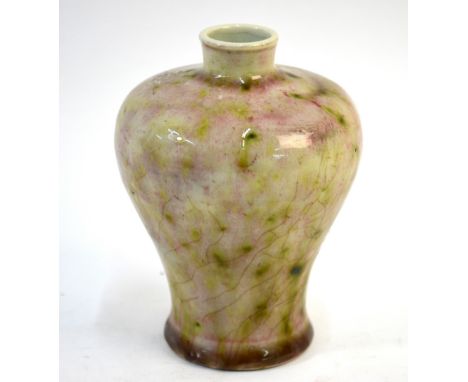 A Chinese, mottled cream-grey/sang-de-boeuf glazed meiping with flecks of green; 13.5cm high, the base with underglaze blue s