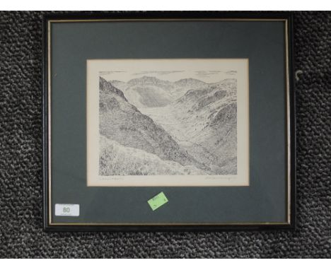 A print, after Alfred Wainwright, Langstrath, signed 18 x 23cm, plus frame and glazed