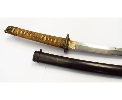 A WWII Japanese katana with wartime attire, the end cap (kashira) in brass with floral design, the handle (tsuka) encased wit