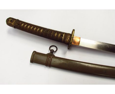 A WWII Japanese katana with wartime attire, the end cap (kashira) with brass floral decoration (menuki), floral collar (fuchi