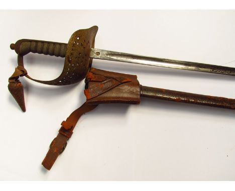 A Victorian 1897 pattern officer's sword with pierced hand basket, Shagreen grip, leather scabbard, frog and portepeé knot a/
