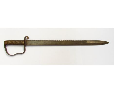 An 1856 pattern Wilkinson Pioneer "saw-back" sidearm with brass hilt and saw-back blade, marked 11.95