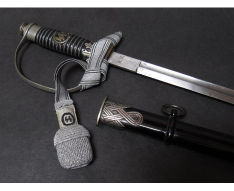 A Third Reich era German 1936 type SS officer's sword by Pet. Dan. Krebs Solingen, plain d-shaped chromed hilt, ribbed and wi