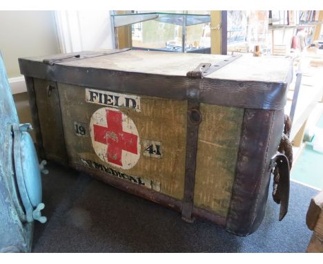 An early 20th Century Field Medical trunk, wicker sectional interior with canvas and leather binding 