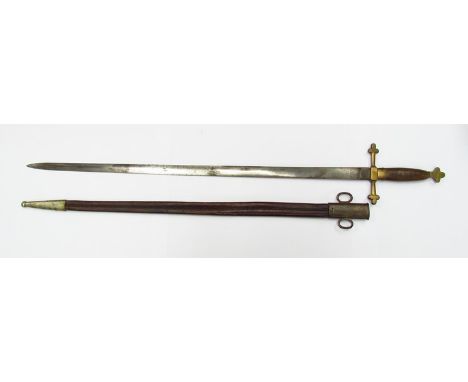 A 19th Century brass hilted short sword with three leaf clover cross-hilt, hardwood grip and plain tapering blade. Iron and b