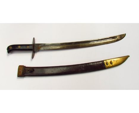 An early-mid 20th Century military sidearm/machete with single fullered curved blade, brown leather scabbard and metal plate 