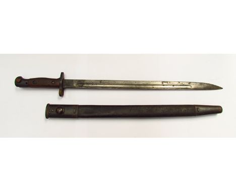 A WWI era British 1907 pattern Sanderson bayonet, dated December 1914, with 1907 Mk II later variant scabbard