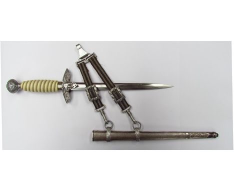A Third Reich era German 2nd pattern Luftwaffe officer's dagger by F.W, Holler, silver plated guard and pommel, wire bound ha