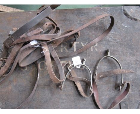 A WWI US Cavalry officer's bridle with US coat of arms roundels, a pair of spurs and a bent swagger stick reputedly given to 