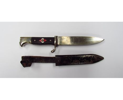 A Third Reich era Hitler Youth knife with triangular emblem to grip, curved ricasso and all steel scabbard. No makers name