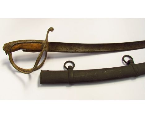 An early 19th Century relic Continental cavalry sabre with single fullered curved blade, swept hilt and all steel black paint