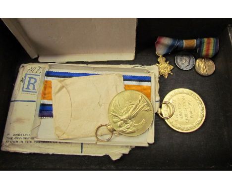 Two Victory medals to 1507 Pte. H. HAWLEY  Y + L.R. and 39876 Pte. J. CARVER E. YORK R., with a miniature trio 