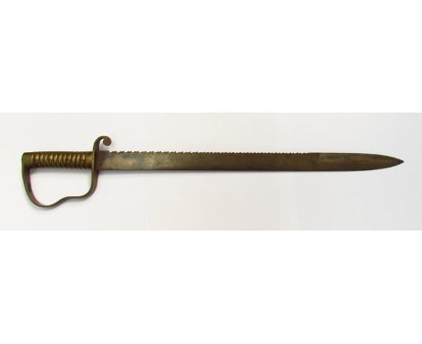 An 1856 pattern Wilkinson Pioneer "saw-back" sidearm with brass hilt and saw-back blade, marked 2.01 V 3.G.R.4
