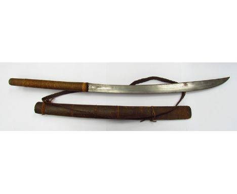 A circa 1900 Burmese dha sword, a variation of Katana, with bamboo scabbard and rush bound grip