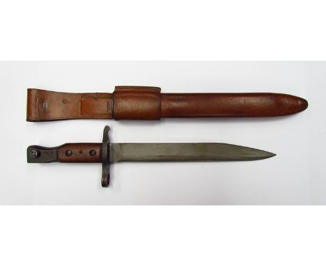 A Canadian Ross bayonet with second pattern blade, brown leather scabbard, marked MKII 1916