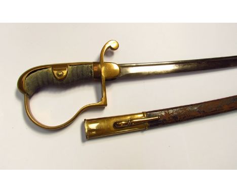 A 19th Century Continental sabre, the brass dove-head form stirrup hilt with shagreen grip, twin langets joining a pipe-back 