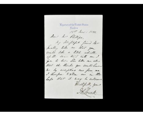 Dated 18th November 1884. A manuscript letter signed by James Russell Lowell on a folded sheet of 'Legation of the United Sta