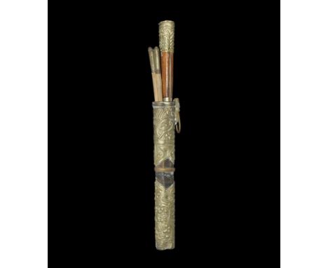 20th century AD. A set comprising: a wooden case with repoussé brass sleeves and suspension loop; two wooden chopsticks with 