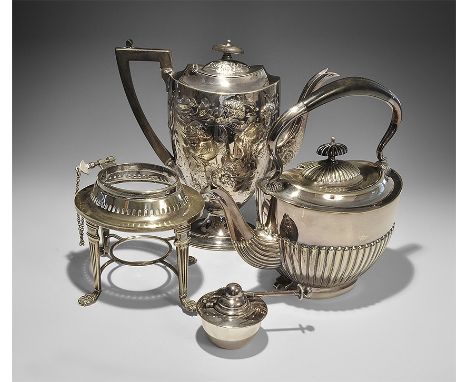 20th century AD. A mixed group of electro-plated silver items comprising: a tall teapot with repoussé decoration of flowers a