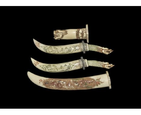 20th century AD. A mixed group of bone paper-knives and sheaths comprising: a matched pair, each with dragon handle, curved s