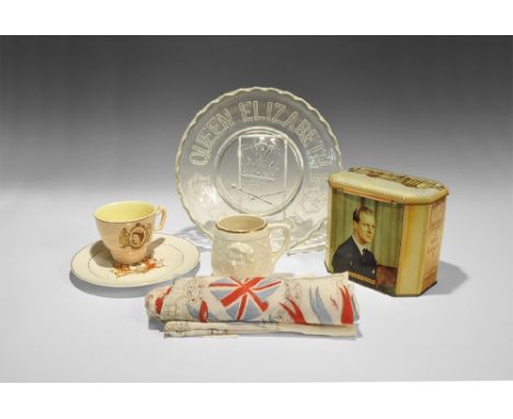 1953. A mixed group of commemorative items for the coronation of Queen Elizabeth II comprising: a white-glazed dish with phot