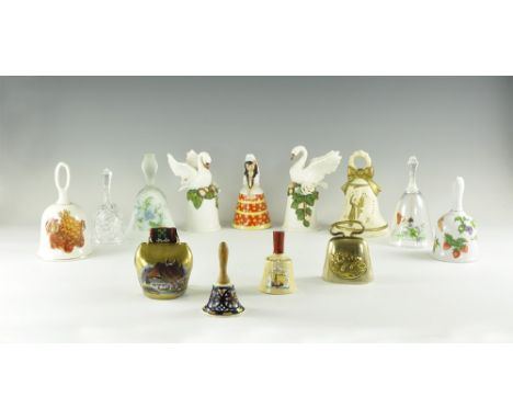 20th century AD. Group comprising: handbells in glass (3) and ceramic (8, including a pair with swans); with two brass cowbel