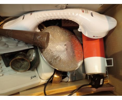 Box of mixed household items to include a Lifemax hand support rail and Morphy Richards alarm clock. Not available for in-hou