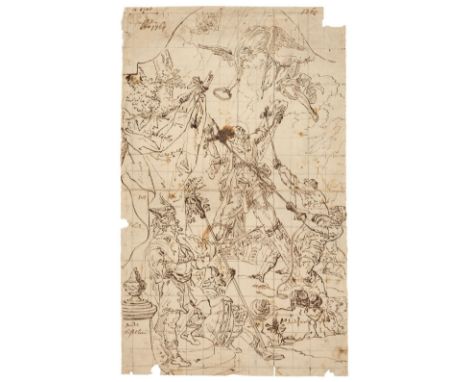* German School. The Martyrdom of Saint Andrew, 1764, pen and brown ink over black chalk, squared for transfer in black chalk