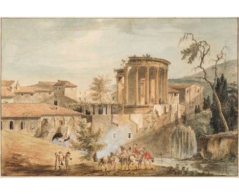 * French School. Landscape with figures admiring the temple at Tivoli, circa 1770-1790, watercolour heightened with white bod