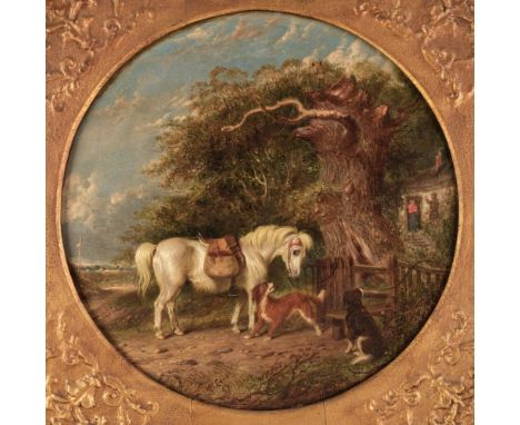 * Victorian School. Waiting by the Gate, circa 1860, oil on canvas, showing a white pony and two sheepdogs waiting by a cotta