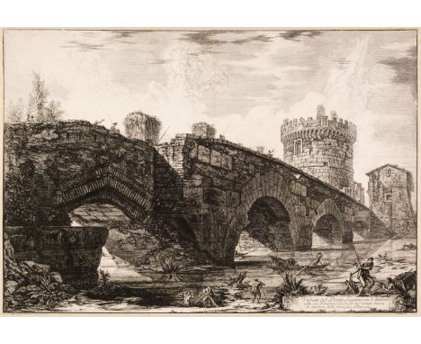 * Piranesi (Giovanni Battista, 1720-1778). Veduta del Ponte Lugano su l'Anione, from Vedute di Roma, 1763, etching on laid pa