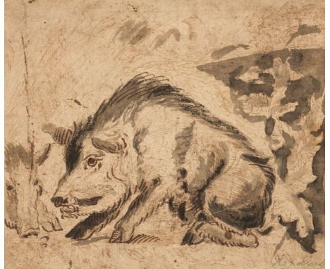 * Attributed to Abraham Danielsz. Hondius (1625-1691). Wild Boars, circa 1672, pen and brown ink and grey wash on laid paper,