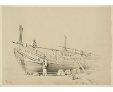 * Jones (Rev. Calvert Richard, of Swansea, 1804-1877). Fishing Boat being overhauled, pencil and white chalk on pale buff pap