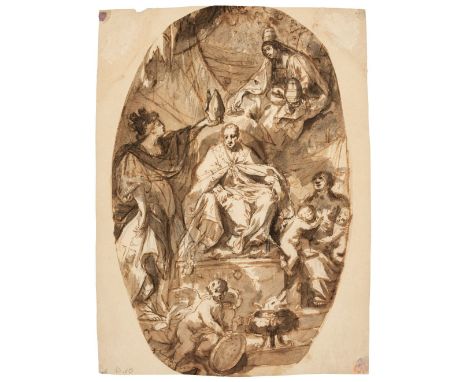* North Italian School. Allegory of the Coronation of the Pope, circa 1720-40, oval pen and brown ink and brown and grey wash
